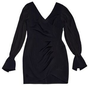 $178 Karlie Shellie Dress Womens M Black New Pleated Sleeve Ruched Mini V-Neck